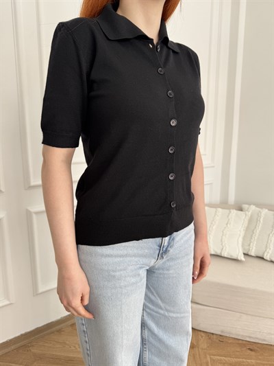Polo Yaka Kısa Kol Hırka Siyah