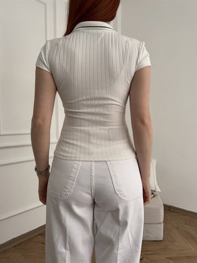 Polo Yaka Kısa Kol Triko Ekru