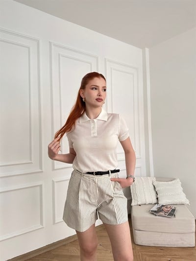 Polo Yaka Kısa Kol Triko Ekru