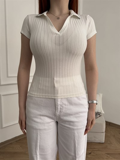 Polo Yaka Kısa Kol Triko Ekru