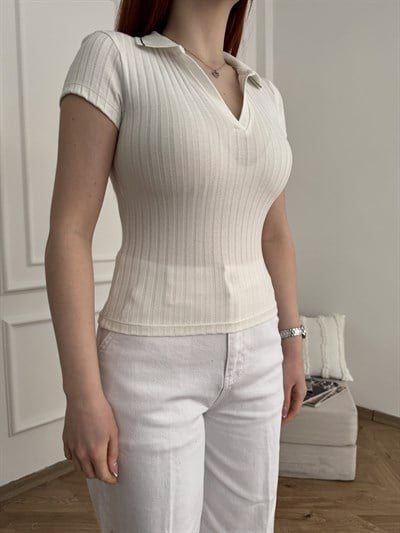 Polo Yaka Kısa Kol Triko Ekru