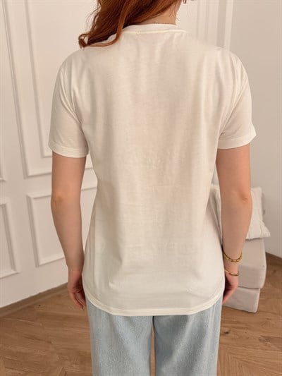 Pop Corn Nakışlı İnci Detaylı T-shirt Ekru