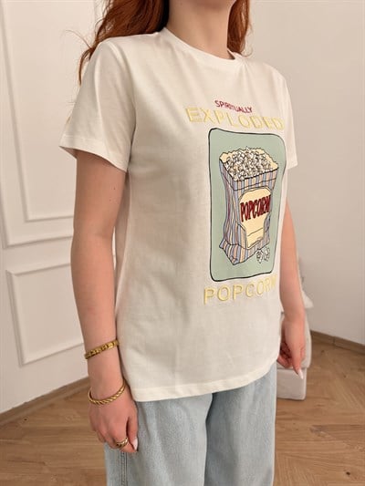 Pop Corn Nakışlı İnci Detaylı T-shirt Ekru