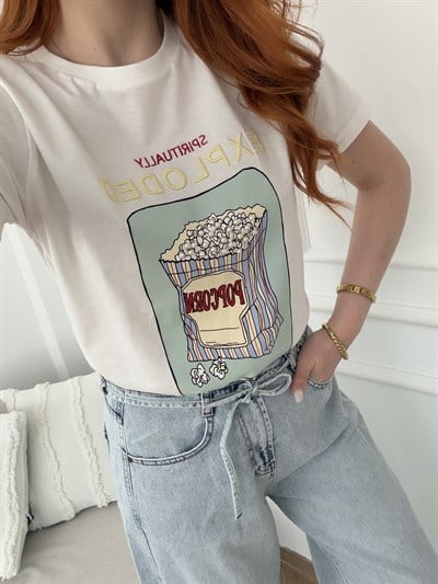 Pop Corn Nakışlı İnci Detaylı T-shirt Ekru