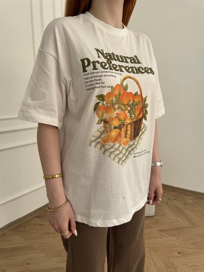 Portakal Baskılı T-shirt Ekru