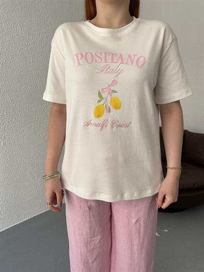 Posıtano Baskılı Tişört Ekru