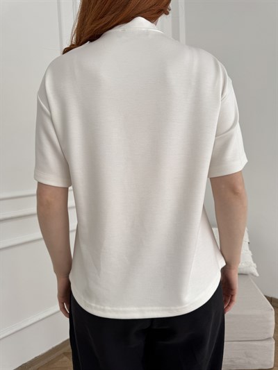 Puantiye Fularlı V Yaka T-shirt Beyaz