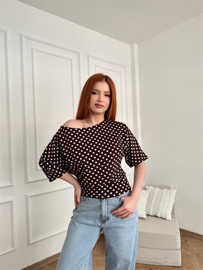 Puantiyeli Yarasa Kol Bluz Kahve