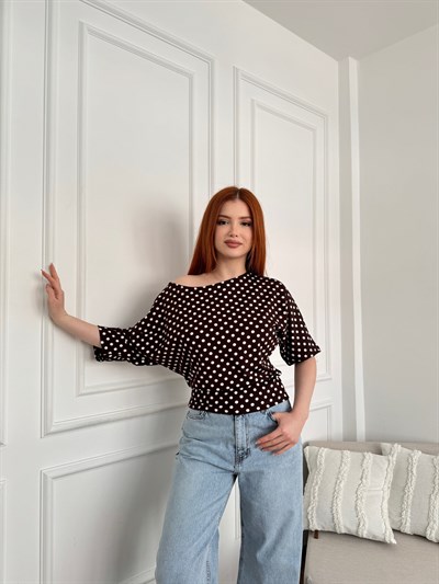 Puantiyeli Yarasa Kol Bluz Kahve
