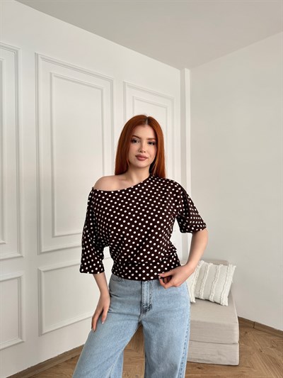 Puantiyeli Yarasa Kol Bluz Kahve