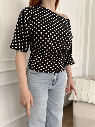 Puantiyeli Yarasa Kol Bluz Siyah