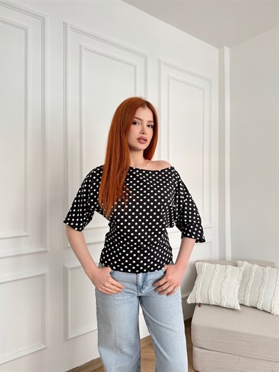 Puantiyeli Yarasa Kol Bluz Siyah