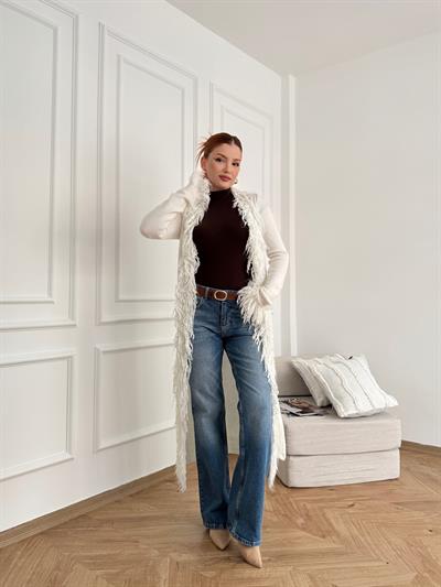 Püsküllü Uzun Hırka Ekru