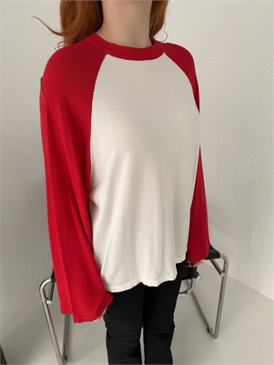 Reglan Kol Çift Renk Triko Ekru-kırmızı