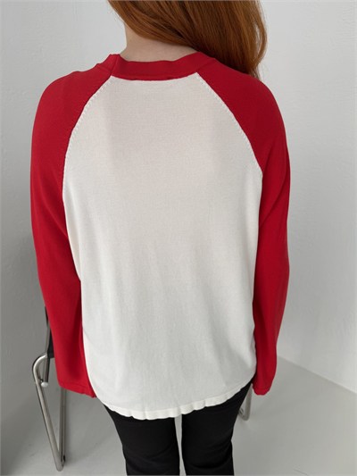 Reglan Kol Çift Renk Triko Ekru-kırmızı