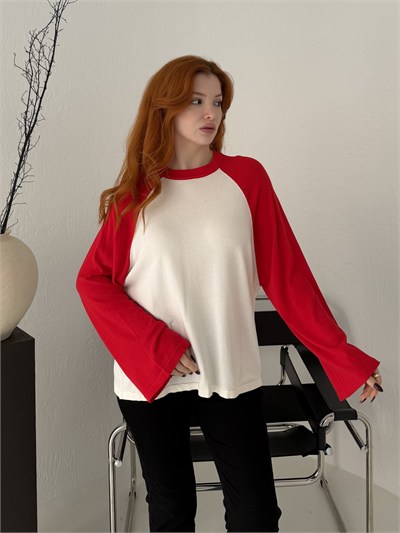 Reglan Kol Çift Renk Triko Ekru-kırmızı