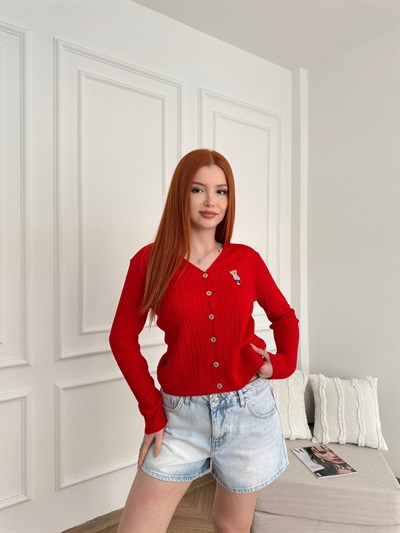 Saç Örgü Ayıcık Nakışlı V Yaka Slim Hırka Kırmızı