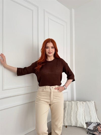Saç Örgü Kısa Kol Triko Acı kahve