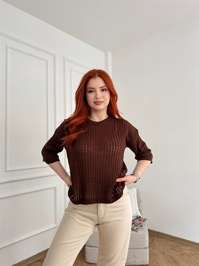 Saç Örgü Kısa Kol Triko Acı kahve