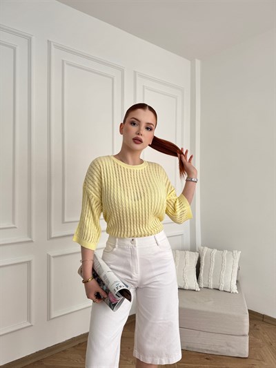 Saç Örgü Kısa Kol Triko Sarı