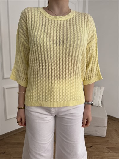 Saç Örgü Kısa Kol Triko Sarı