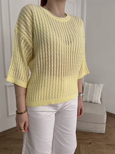 Saç Örgü Kısa Kol Triko Sarı