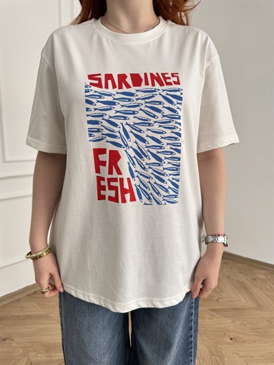 Sardines Fresh Baskılı Tişört Beyaz