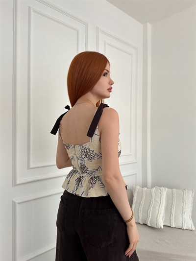 Saten Bağcıklı Nakışlı Bluz Naturel-lacivert
