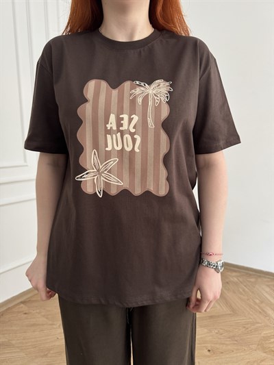Sea Soul Baskılı T-shirt Kahve