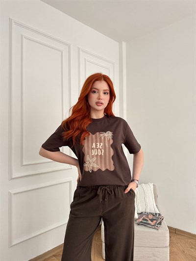 Sea Soul Baskılı T-shirt Kahve