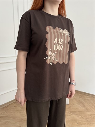 Sea Soul Baskılı T-shirt Kahve
