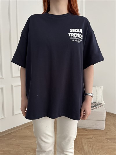 Seoul Trends Sırt ve Göğüs Baskılı T-shirt Lacivert