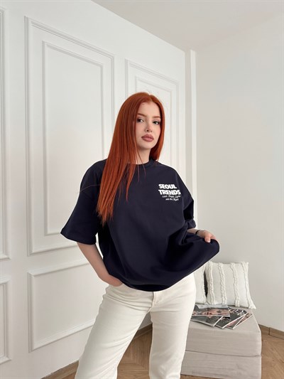 Seoul Trends Sırt ve Göğüs Baskılı T-shirt Lacivert