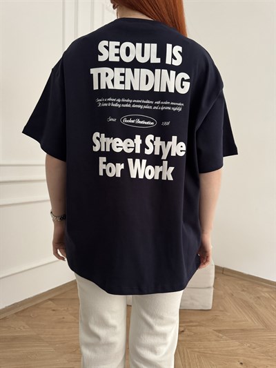 Seoul Trends Sırt ve Göğüs Baskılı T-shirt Lacivert
