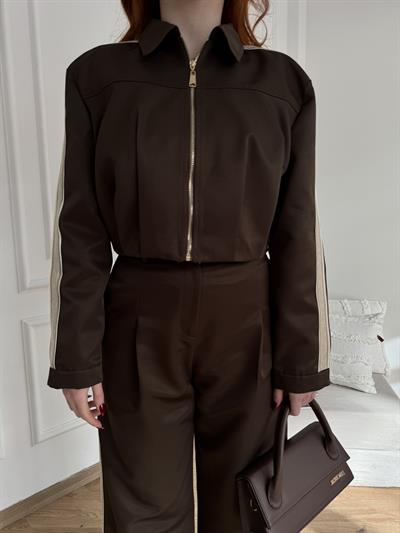 Şerit Detay Crop Ceket Kahve