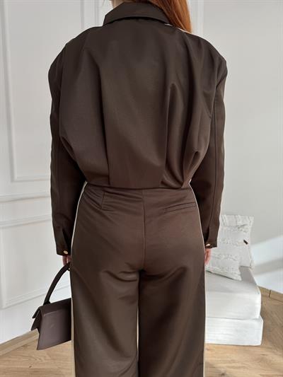 Şerit Detay Crop Ceket Kahve