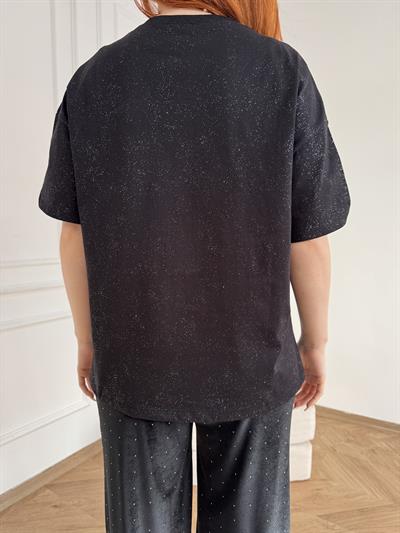 Simli Oversize Tişört Siyah-gümüş
