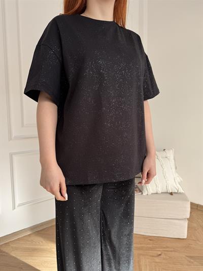 Simli Oversize Tişört Siyah-gümüş