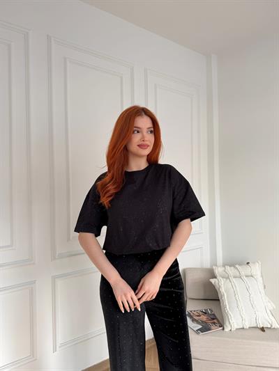 Simli Oversize Tişört Siyah-gümüş