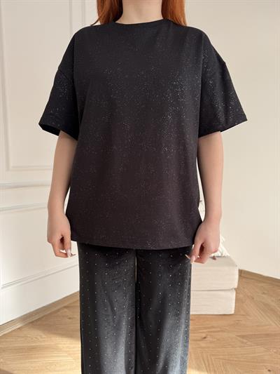 Simli Oversize Tişört Siyah-gümüş