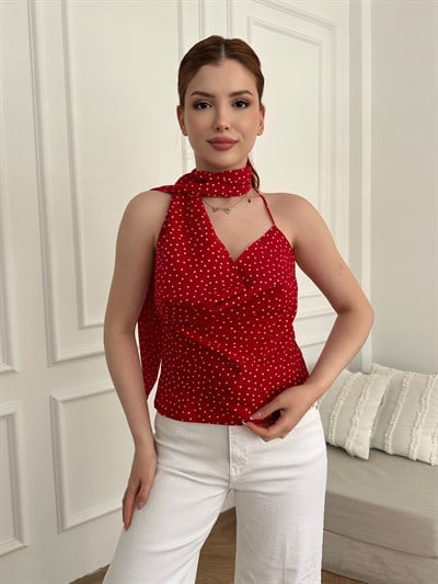 Sırt Dekolteli Fularlı Bluz Kırmızı