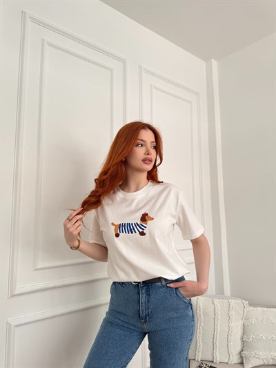 Sosis Köpek Baskılı T-shirt Ekru