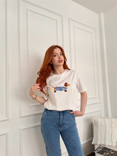Sosis Köpek Baskılı T-shirt Ekru