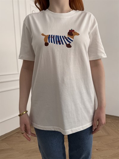 Sosis Köpek Baskılı T-shirt Ekru