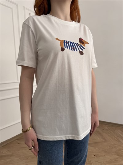 Sosis Köpek Baskılı T-shirt Ekru