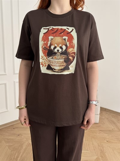 Spaghetti Panda Tişört Kahve