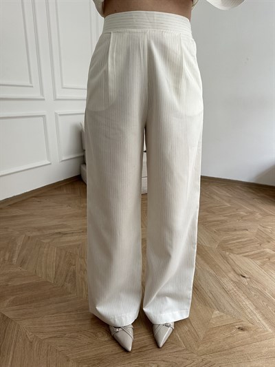 Straight Fit Çizgili Pantolon Ekru
