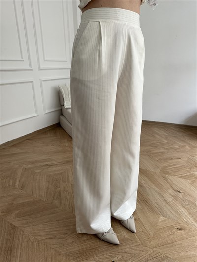 Straight Fit Çizgili Pantolon Ekru