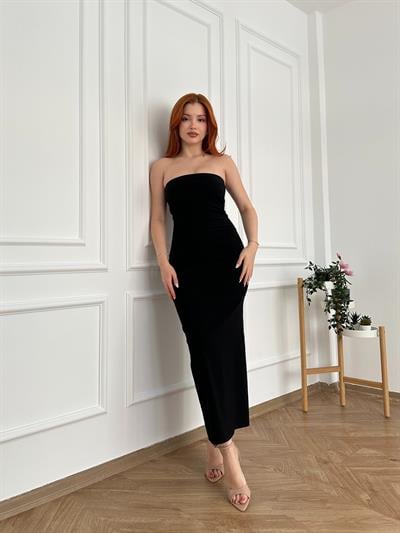 Straplez Midi Elbise Siyah
