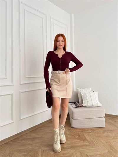 Süet Kemerli Etek Krem